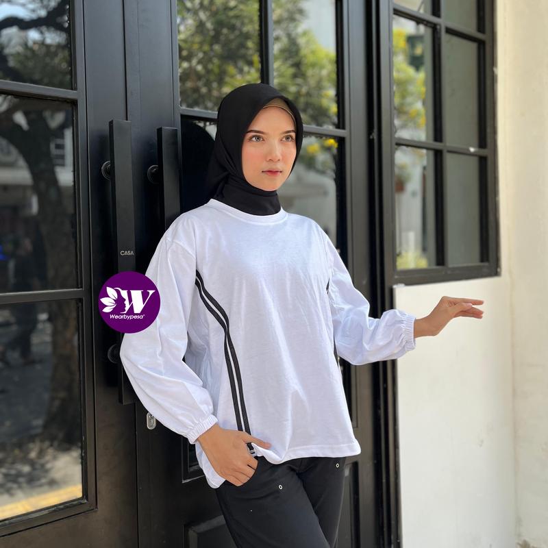 Kaos Blouse Strip Samping  Atasan Wanita Terbaru Sporty Lengan Panjang Karet Katun Kombed Premium Casual 3