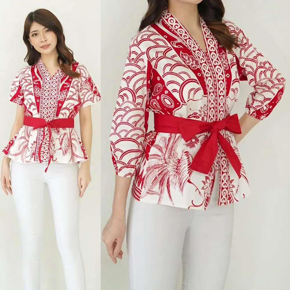 GIRLY Sasa Short Long Blouse Batik Modern Baju Atasan Seragam Batik Couple Keluarga Sarimbit Kebaya Modern CNY Natal Merah