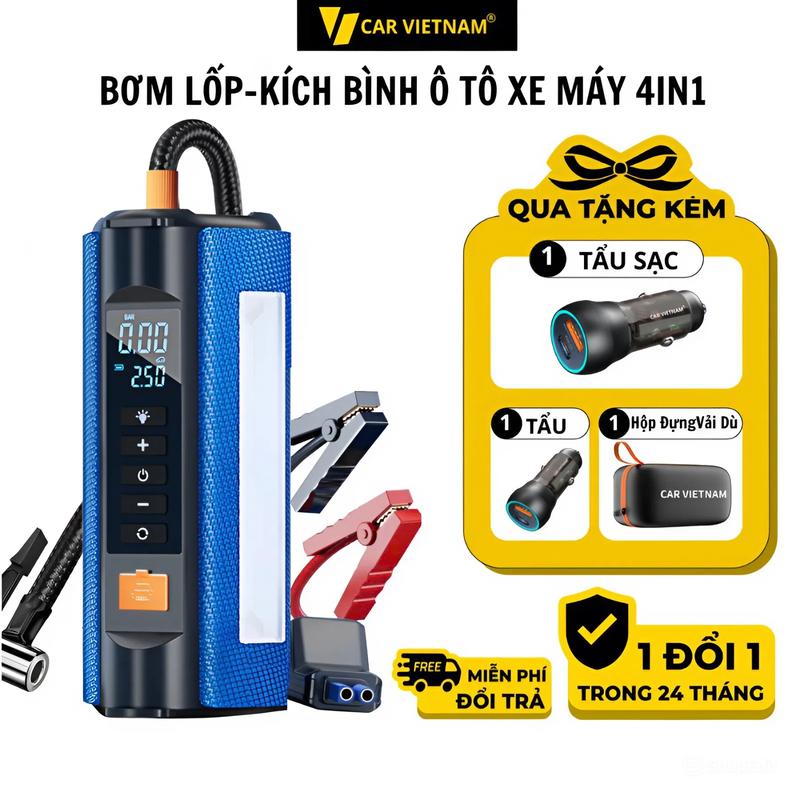 Bộ Kích Bình Bơm Lốp Ô tô, Xe Máy CAR VIETNAM 12V, Kiêm Sạc Dự Phòng , Đèn Pin Chiếu Sáng, Dung Lượng 16000 MAH , Bảo Hành 24 Tháng