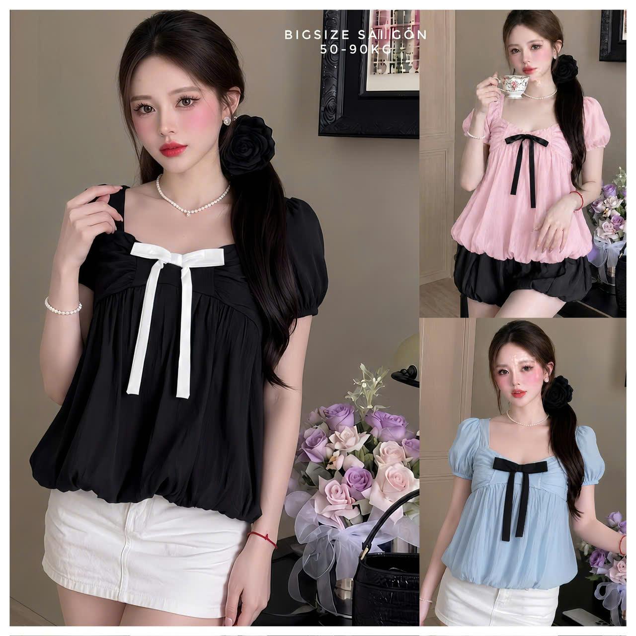 Áo Babydoll 2 Lớp Nơ Ngực Tay Phồng Nữ, Form Xòe Che Bụng Vải Mềm Mặc Đi Chơi Có Bigsize 50-90kg Áo Kiểu Nữ - B.1858