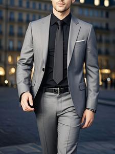 メンズクラシックスーツセット 2点セット - スリムフィット 長袖 ボタンアップジャケット＆パンツ 共用ポケット付き レギュラーフィット 無地 非伸縮素材 結婚式 パーティー フォーマルシーンに最適 | エレガントスーツデザイン | タイリングフィット