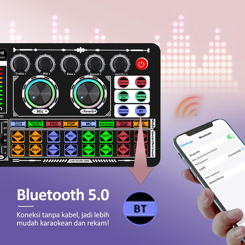 Bonkyo F999 sound card + Headphone Berkabel dengan pemantauan peralatan audio set lengkap mikrofon sound card TIKTOK bernyanyi ponsel mixer khusus rekaman lagu K profesional[COD] 1