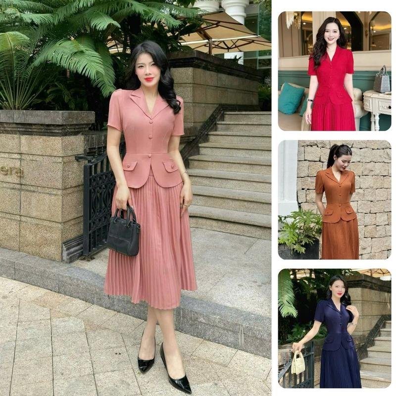  Đầm nữ thiết kế Nhật Vy cổ vest nút bọc phối dập ly chất lụa sọc gân có 3 màu phù hợp công sở dự tiệc  big size  quà tặng vợ mẹ màu nâu xanh đỏ hồng - DA3035 