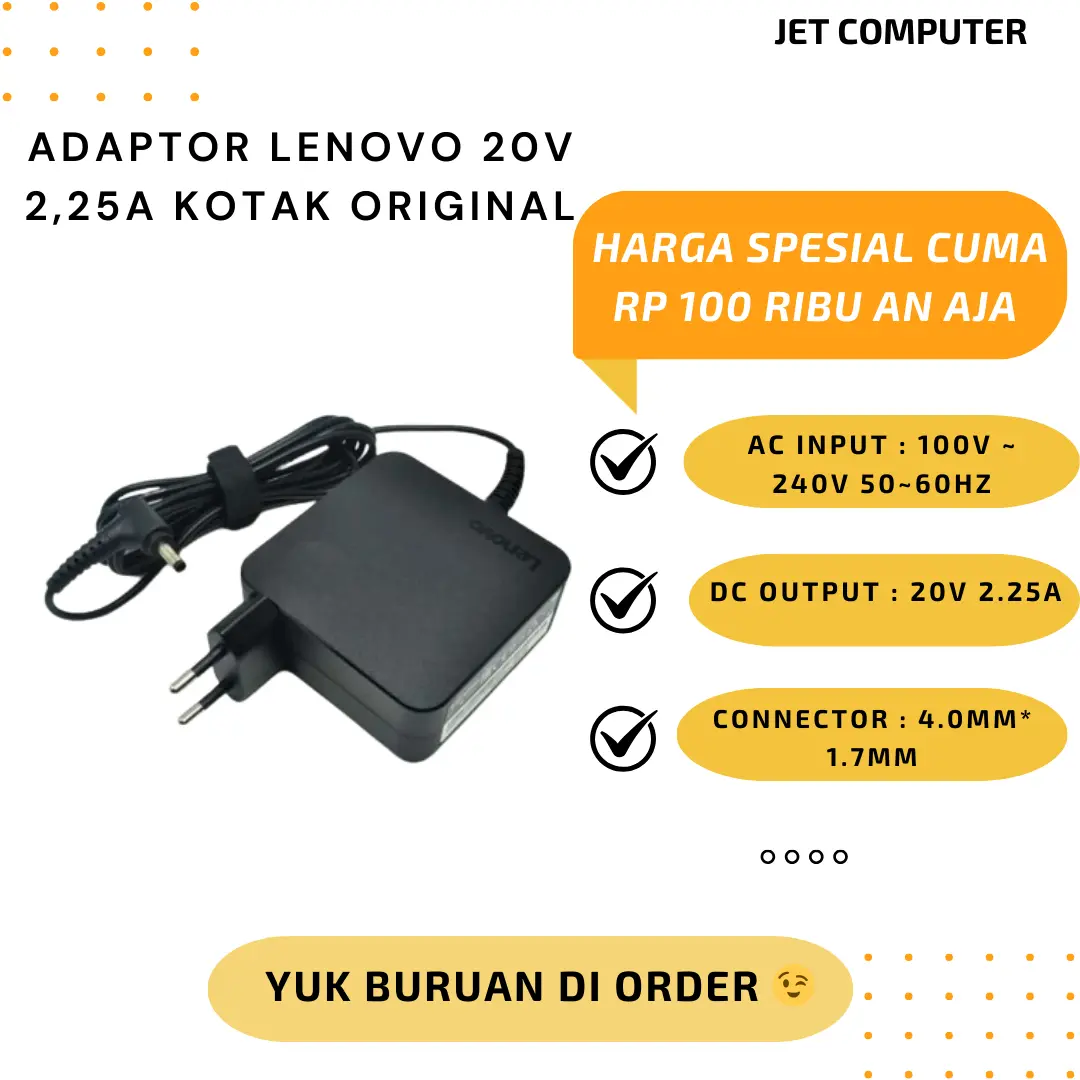ADAPTOR LENOVO 20V 2,25A KOTA COLOKAN BULAT ORIGINAL