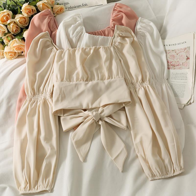 Áo Sơ Mi Nữ Đẹp 2024 Áo Cánh Aki20 Cho Nữ, Thiết Kế Mới 2023, Phong Cách Hàn Quốc, Thắt Nơ Sau Lưng Mới, Cổ Vuông Ngắn, Áo Hai Mảnh Cho Nữ, Áo Xốp Một Vai Dài Tay, Quần Áo Thời Trang Cho Nữ, Phong Cách 2023