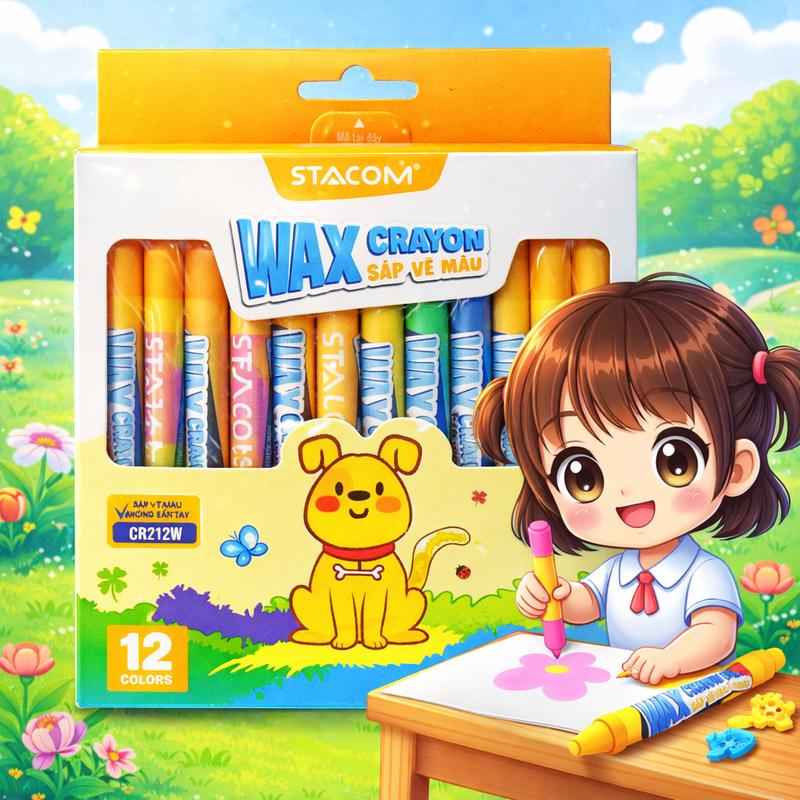 Combo 1/6 hộp bút sáp vẽ 12 màu hữu cơ, crayon chống gãy, thương hiệu Stacom CR212W