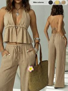 Conjunto de playa para mujer de 2 piezas: top con tirantes y escote en V profundo, blusa babydoll sin espalda, pantalón ancho de pierna amplia, ajuste elegante y entallado