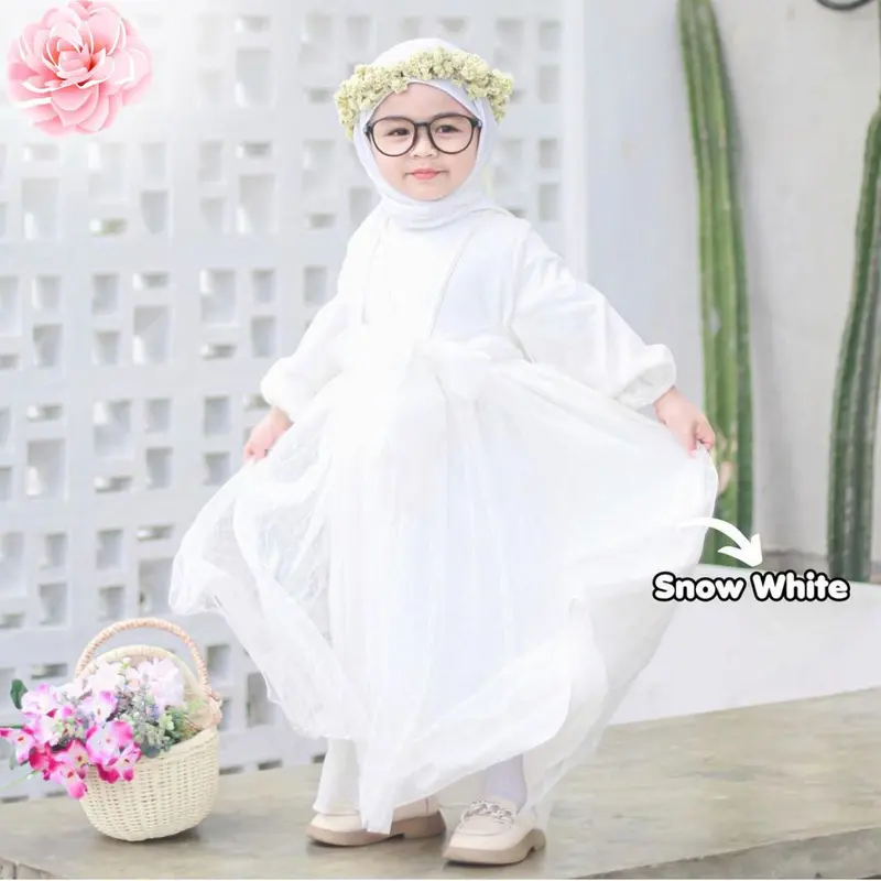 Gamis anak perempuan muslim mewah terbaru gaun putih mutiara panjang tile lebaran Ladys Kid Pita Baju Dress 2