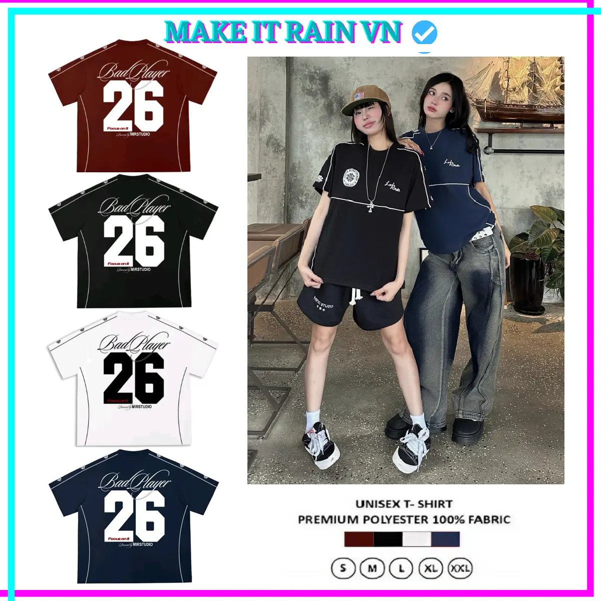 [MUA 3 GlẢM 27K, 2 GlẢM 16K KÈM QUÀ] Áo Thun Local Brand Unisex Make It Rain VN Form Rộng BAD PLAYER, Áo Phông Nam Nữ Đường Line Toàn Thân
