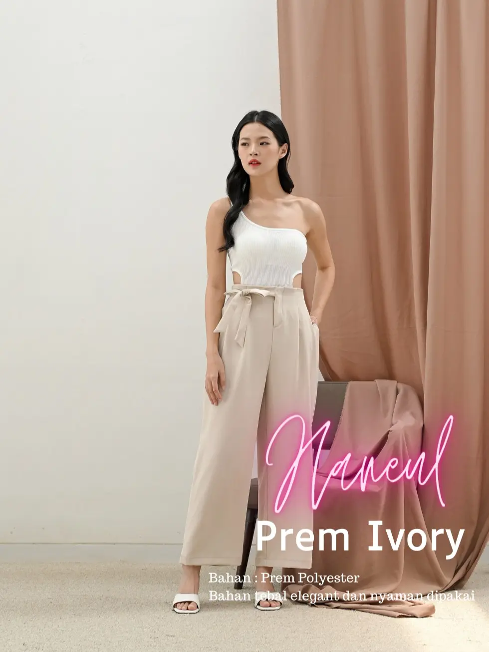 Cammomile Pants Collection Ha neul 2303087 Celana highwaist pita samping Panjang Polyester Tebal Flowy Wanita Kulot Hitam Casual Basic Loose Kantong Flowy Wanita celanakulot celana beige Bawahan Legging Formal