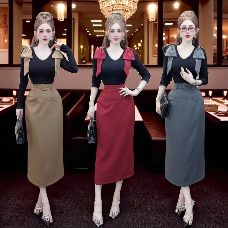  Set áo váy CRAZYTEEN S6380 gồm áo kiểu đính nơ và chân váy dáng suông để đi chơi   Áo kiểu  Chân váy  Dây belt   set đồ nữ xinh sang chảnh 