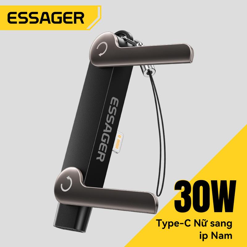 Essager 2‑in‑1 adapter from USB‑C to USB‑C or Lightning with a small phone stand, supporting 240W fast charging and 480 Mbps data transfer. Compatible with iPhone, Samsung, and Huawei.