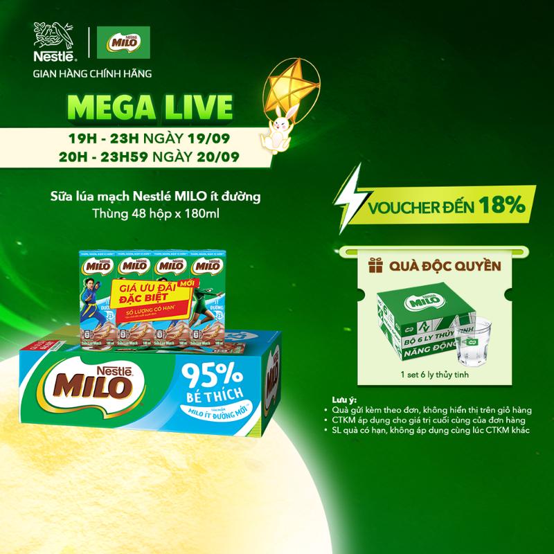 [Mega Live, Quà Độc Quyền] Nestlé VN Sữa lúa mạch Nestlé MILO ít đường thùng 48 hộp x 180ml (12x4x180ml)