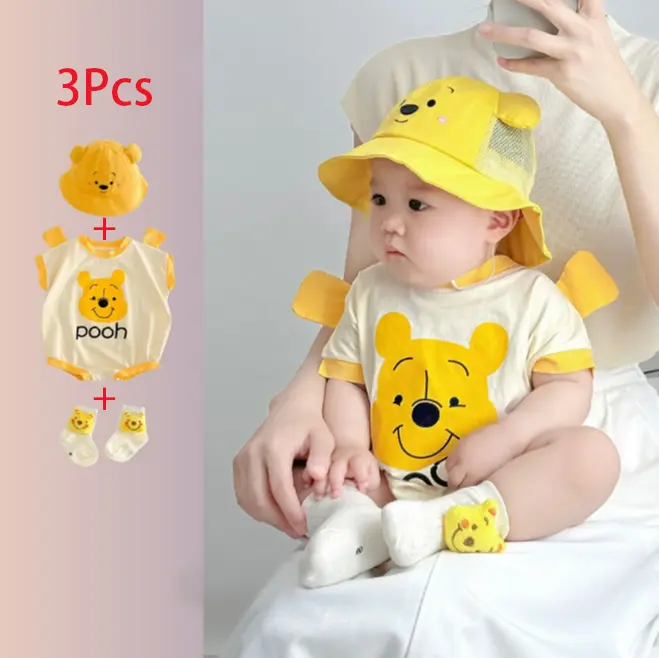 Quần Áo Sơ Sinh Gấu Nhỏ Áo Jumpsuit Quần, Bộ 3 Chiếc, Cho Em Bé Trai, Mặc Mùa Hè, Ngắn Tay, Áo Liền Quần Thời Trang, Thích Hợp Cho 0-24 Tháng 0