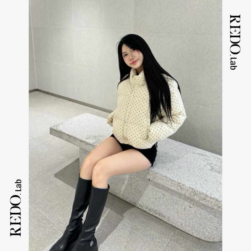 | MỞ BÁN REDO | ÁO KHOÁC PHAO HOẠ TIẾT CHẤM BI FORM CROP CỔ CAO DÀY DẶN CÓ DÂY RÚT