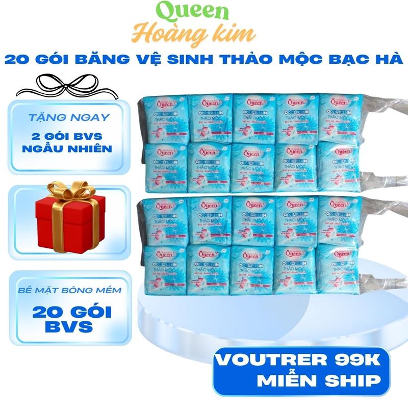    COMBO 20 GÓI TẶNG 2   Băng Vệ Sinh Queen Hoàng Kim Thảo Mộc The Mát  Gói 8 Miếng Bề Mặt Bông vesinh bvs 
