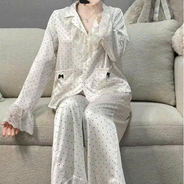 N360- Pijama dài tay chấm bi phối bèo ren cho nữ- Bộ ngủ mặc nhà hàng quảng châu cao cấp cho nữ (women)