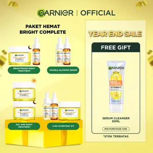 GARNIER Paket Hemat Brightening - Glowing ISI 2 ISI 3 - Brightening - Krim Pagi Malam – Bundle – Serum Vitamin C - Moisturizer Wajah Pencerah Mencerahkan