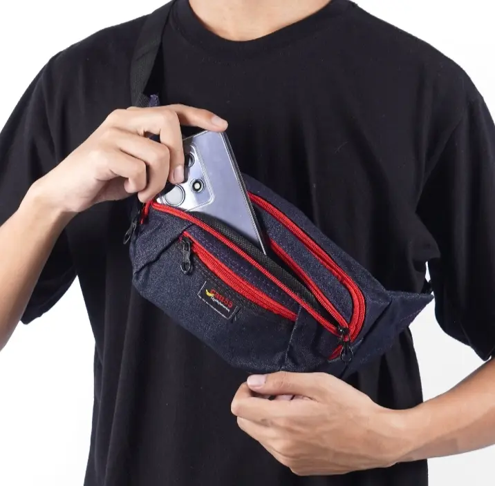 tas pinggang tas selempang pria wanita bahan jeans 0