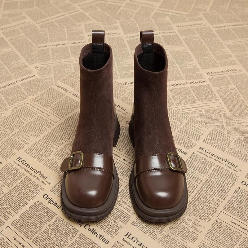 Bốt Ngắn, Atikota, Thời Trang Nữ, Phong Cách Cổ Điển Thanh Lịch, Mùa Thu Mới, Đầu Tròn, Giày Gót Vuông