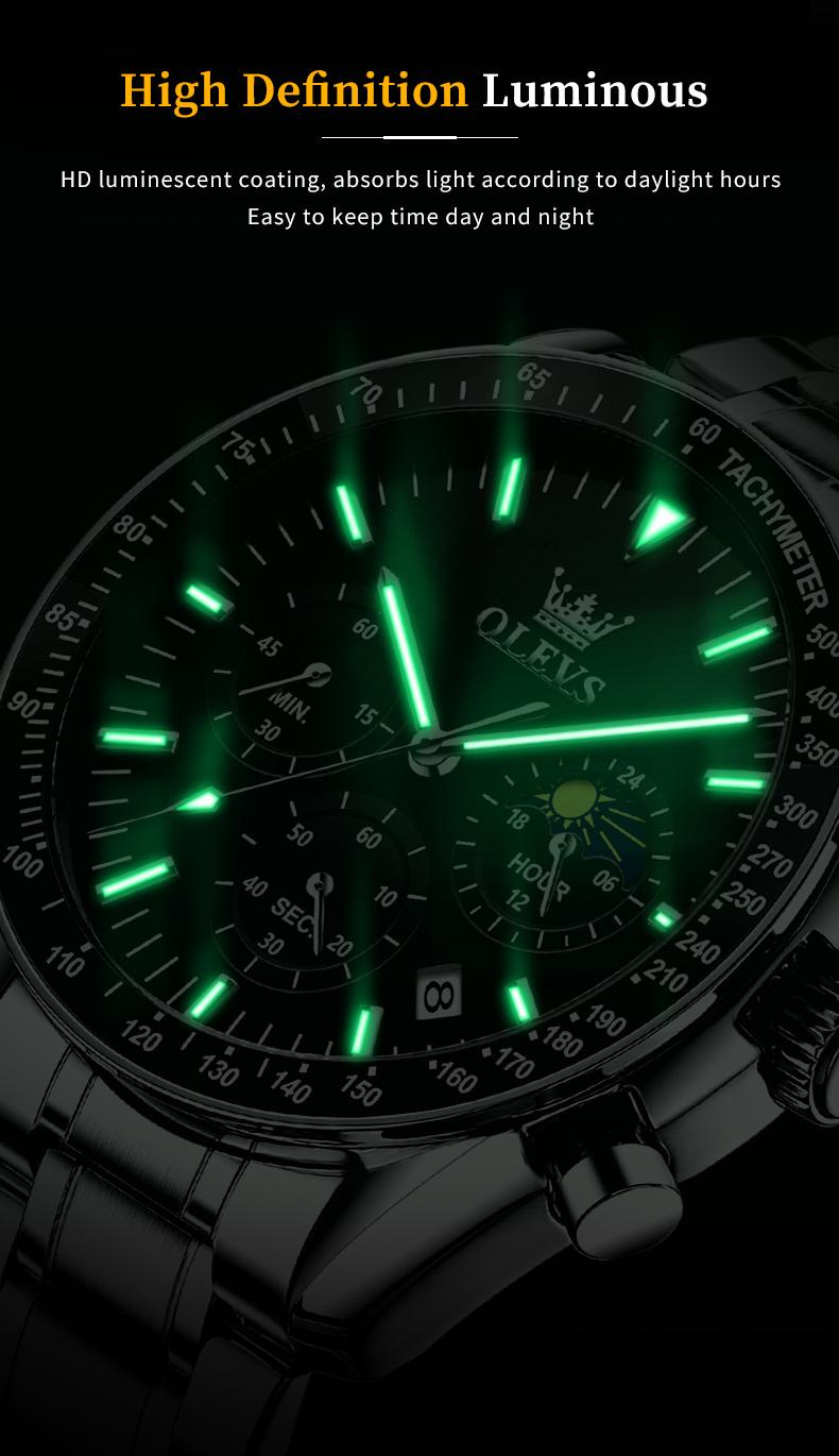 Product Introduction of OLEVS Men's Multifunction Steel Watch | Swiss Quartz + Sapphire Glass | 30M Waterproof & Luminous Dial | Business Minimalist Model 3618 9
