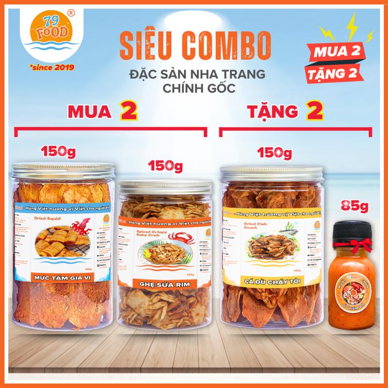 MUA 2 TẶNG 2 150g Khô Mực Cán Tẩm Gia Vị + 150g Khô Cá Đù Cháy Tỏi + Ghẹ Sữa Rim tặng kèm muối chanh 79Food tổng 535g - Snack Thức Ăn Ăn Vặt