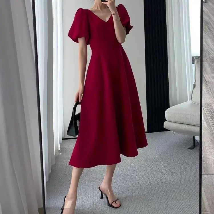 Váy Màu Đỏ Rượu Vang Phong Cách Pháp, Cỡ Lớn, Cổ Chữ V, Phong Cách Hepburn, Tay Phồng Mùa Hè Của Phụ Nữ, Bó Sát, Che Bụng, Váy Dài, Thích Hợp Cho Bé Gái Béo