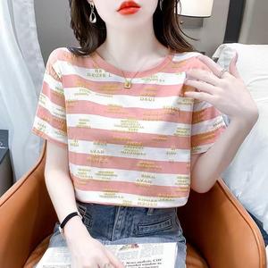 Summer Korean New Drop Shoulder T-shirt Women's Clothes Stripe Fashionable #819