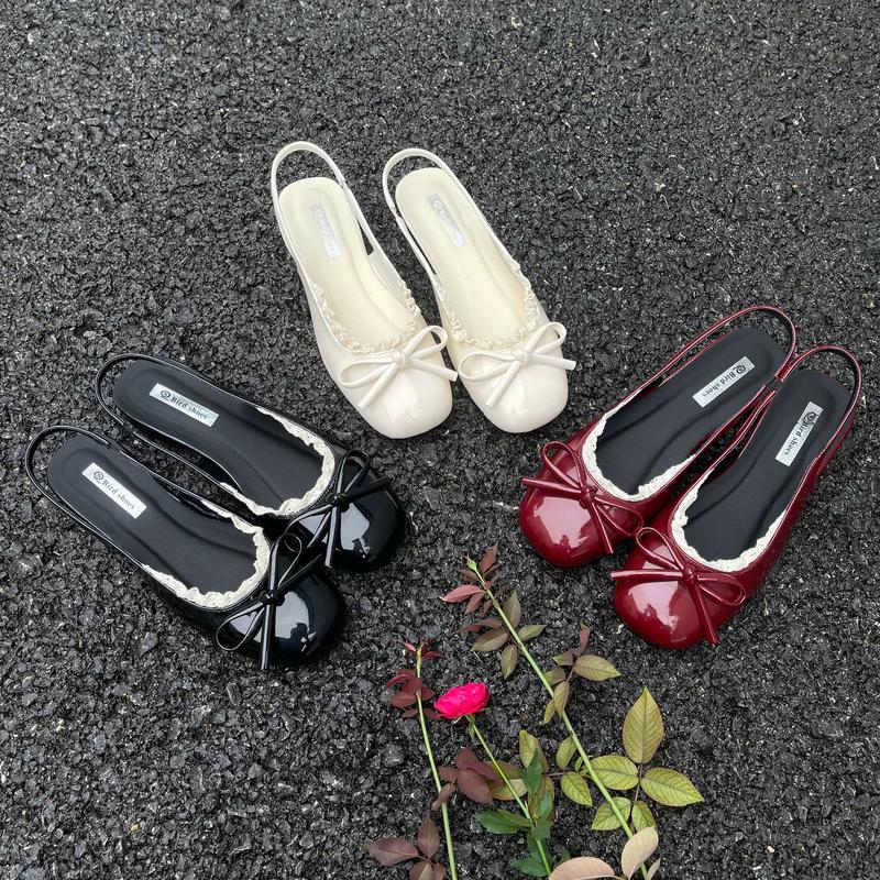 Giày Sục Nữ Hở Gót Mũi Tròn Đính Nơ Phối Ren Kiểu Dáng Tiểu Thư RC569