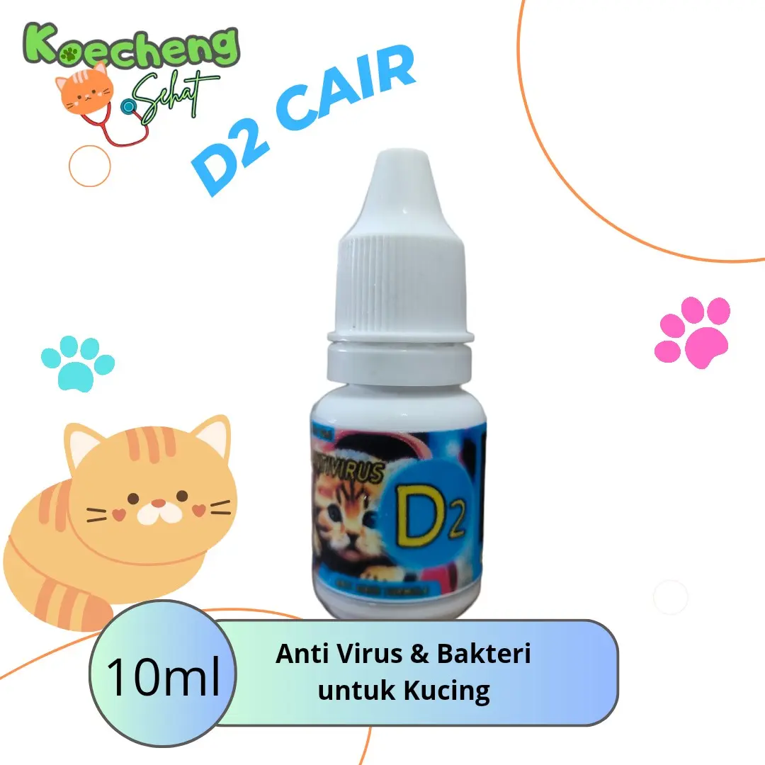 Obat kucing anti virus D2 cair 10ml flu berat , muntah , batuk , panleukopenia , distemper , virus calici , mencret , pernafasan , sakit gigi , sariawan , berliur bau mulut , lemas , nafsu makan kurang , permasalahan pipis