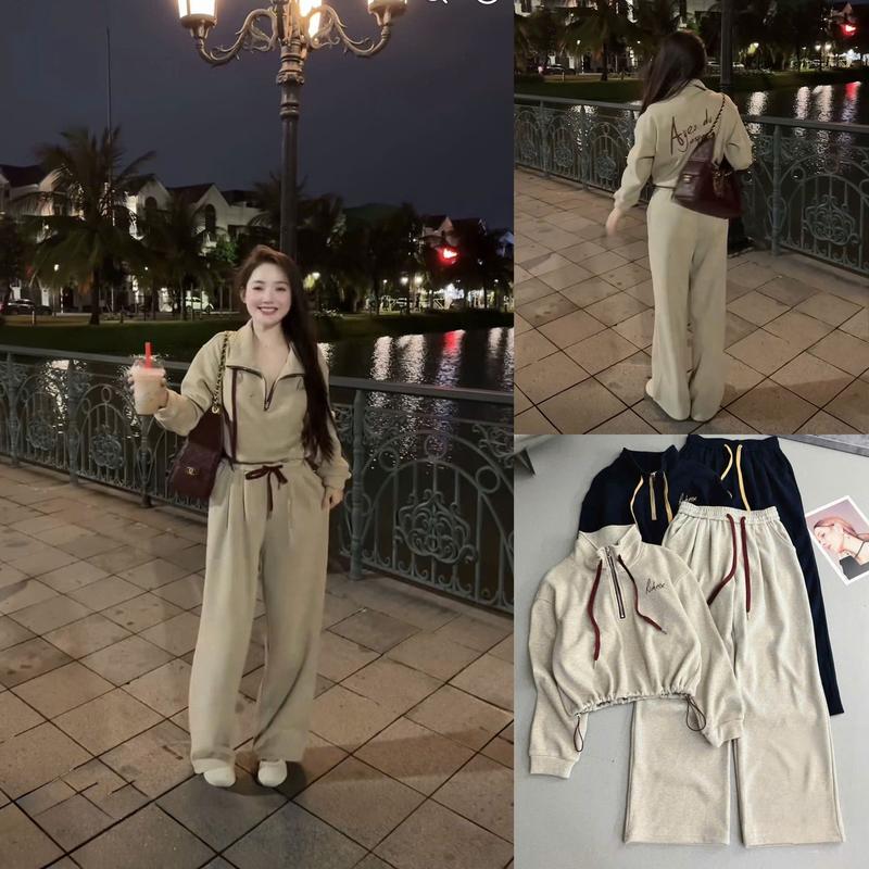  Set Bộ Thời Trang Cổ Khóa Kéo Dây Rút Chiết Eo Mix Quần Dài Chất Tăm Thỏ Dày Đanh Dễ Mặc 