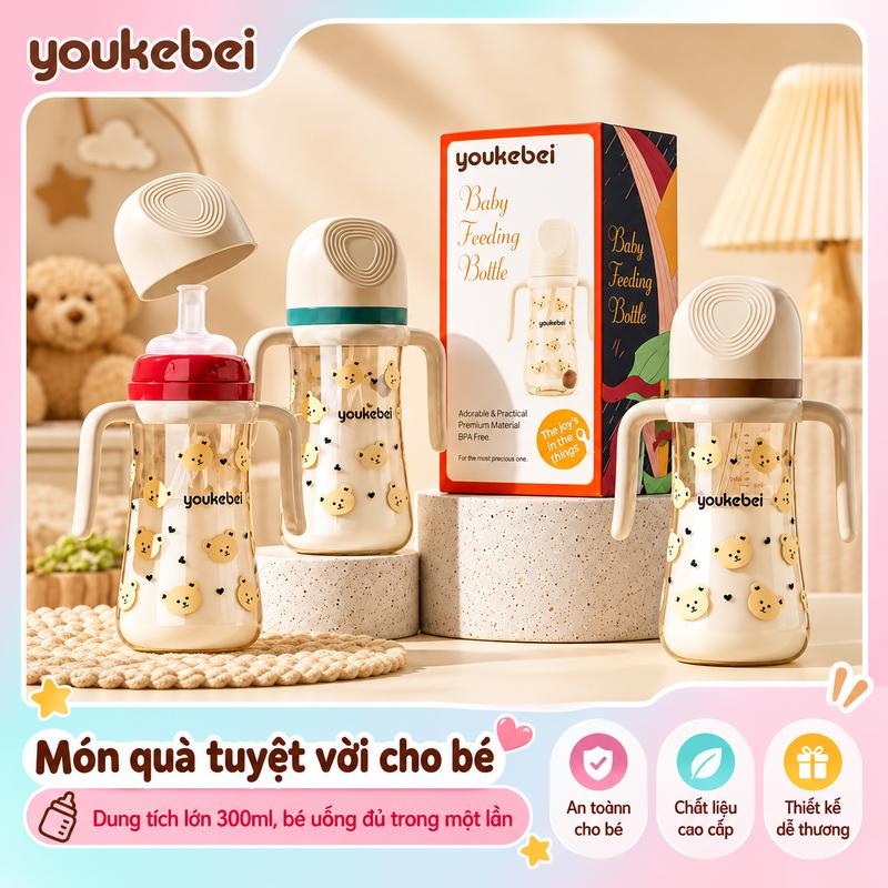 Youkebei Bình Tập Uống Ống Hút 300ml Cho Bé 1-3 Tuổi, Chất Liệu PP Cấp Thực Phẩm, Cổ Rộng, Dùng Uống Sữa Và Nước, Thiết Kế Chống Rơi, Dễ Cầm Nắm