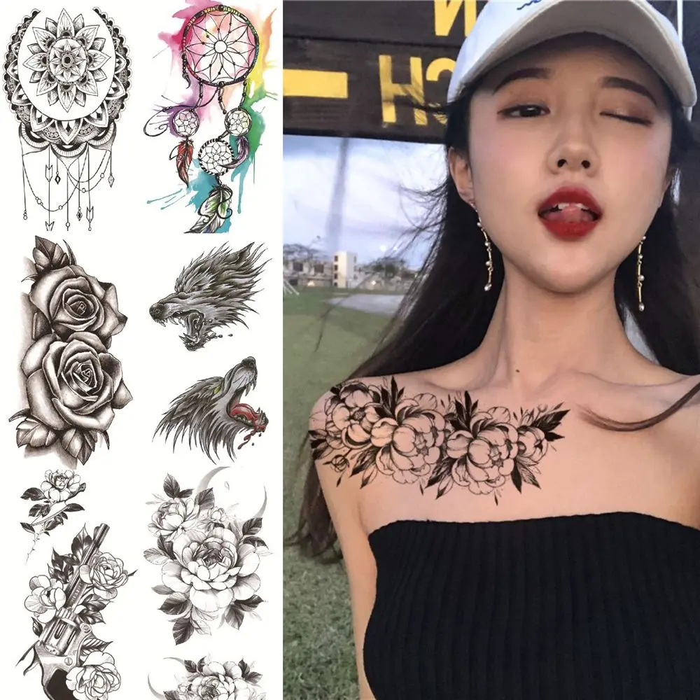 Disposable  Waterproof Peony Tatouage Temporaire Rose Black Flowers Temporary Tattoo Fake Tattoo for Body Arm Leg Body Art Stickers