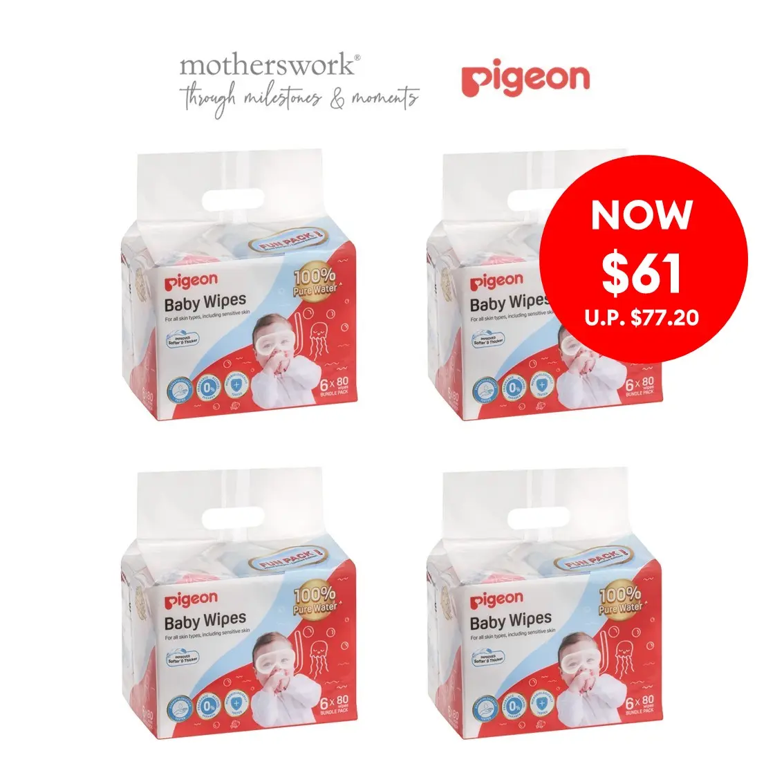 Pigeon 100% Pure Water Baby Wipes 80 sheets (6 in 1) - Single/Bundle