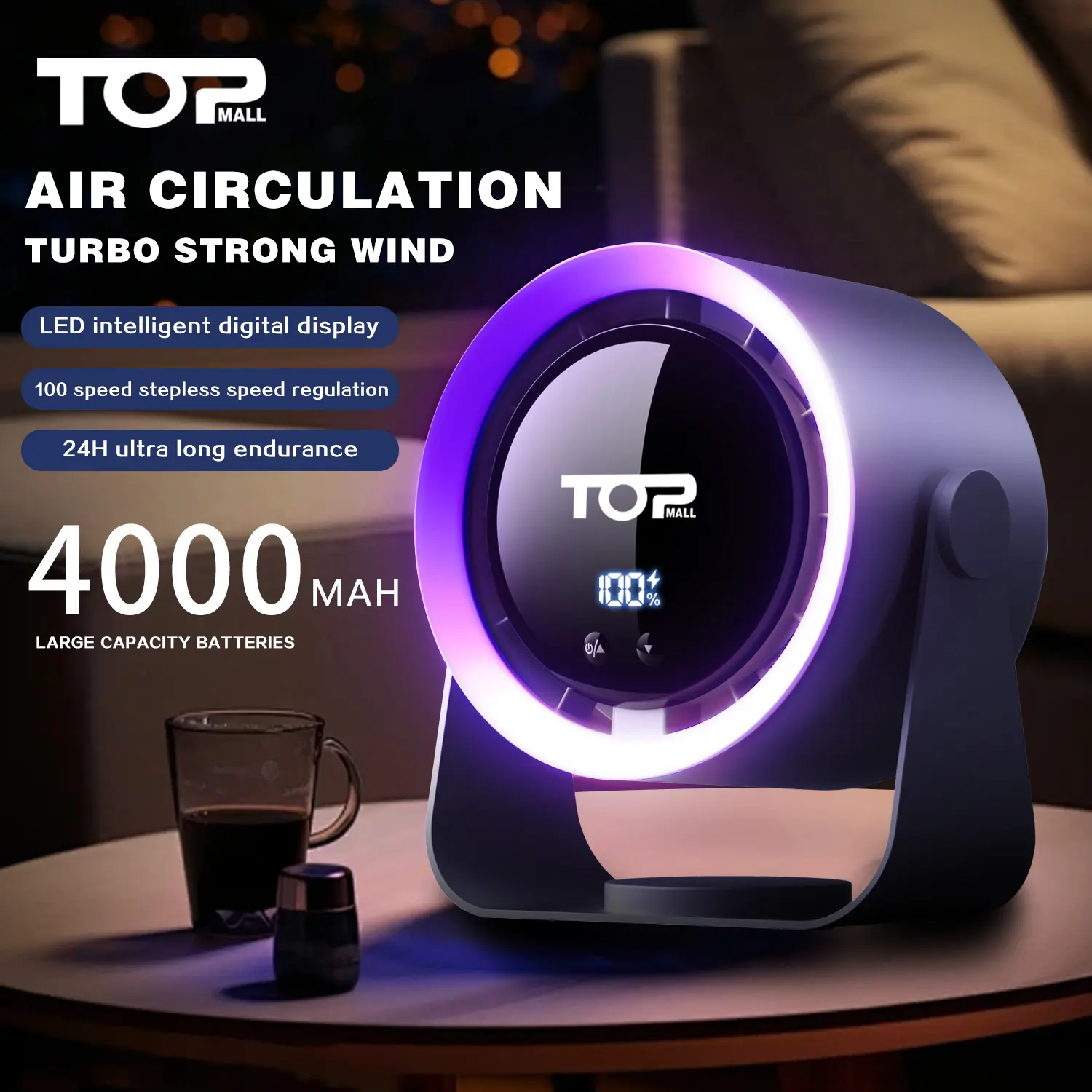 TOPMALL Portable Turbine Hurricane Fan - 9m/s Powerful Wind Speed, 0.35 Seconds Instant Cooling, 120 Stages of Wind Speed Adjustment, Equipped with a 11430 RPM High-Efficiency Brushless DC Motor fans