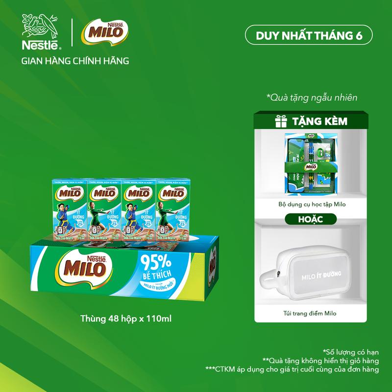 [Voucher giảm thêm đến 50k] Nestlé VN Sữa lúa mạch Nestlé MILO Ít Đường thùng 48 hộp x 110ml-ST