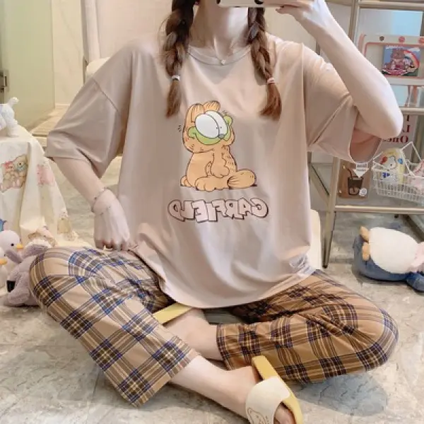 2024 New Korean Style Cartoon Pajamas Women's Short-Sleeved Trousers Young Lady Can Be Outerwear Homewear Suit