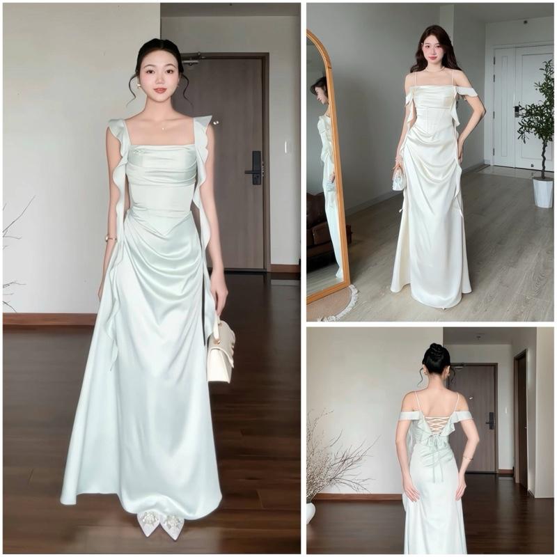 Venus Dress Wonderhouse Đầm trễ vai tua rua chất lụa mịn dáng dài mịn dự tiệc sang trọng nữ tính
