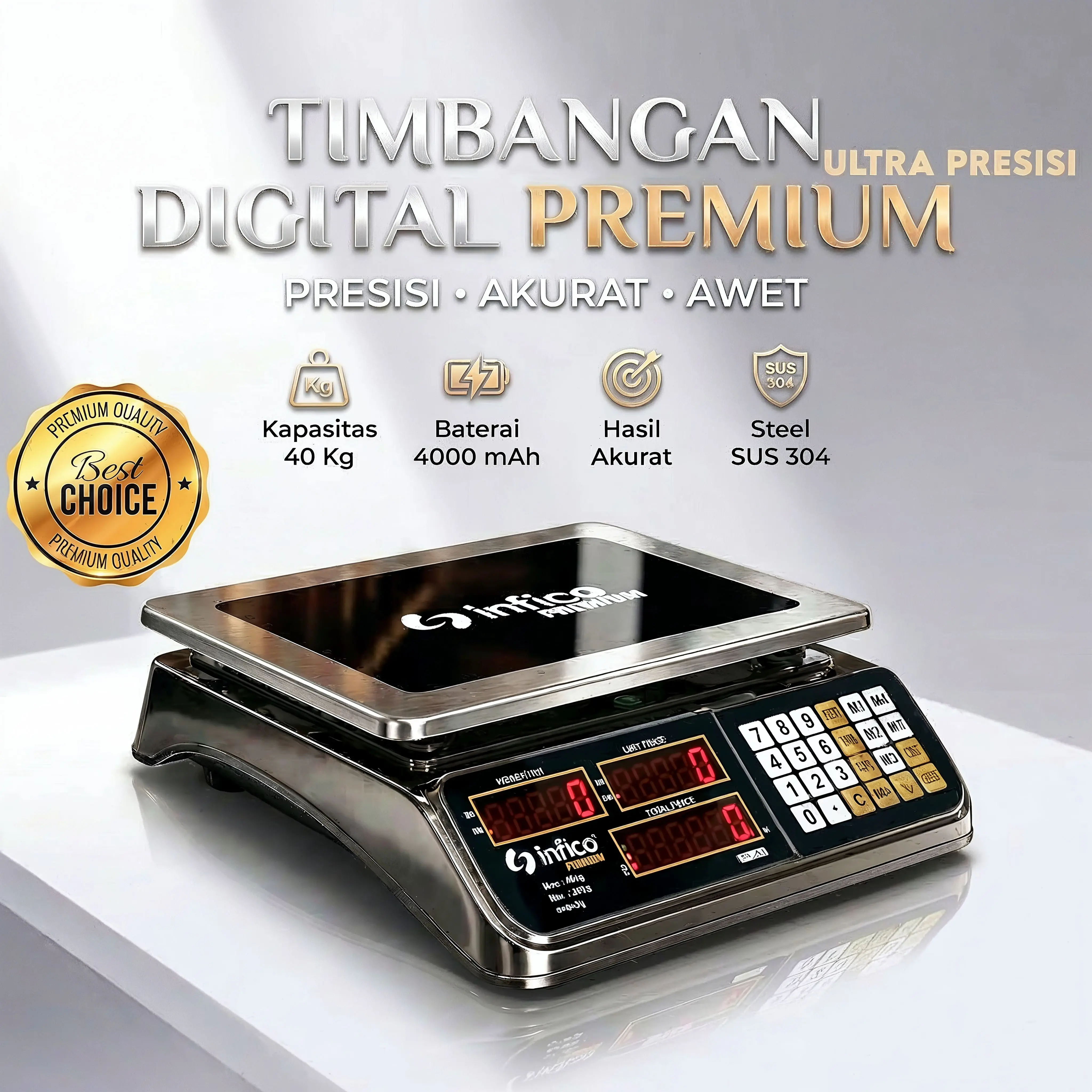 Timbangan Digital Duduk 40KG Premium Infico Stainless SUS304 Rechargeable Timbangan Pasar Akurat Presisi