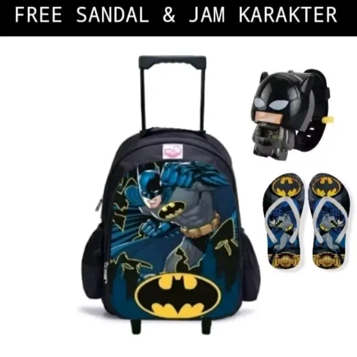COD/ Paket Hemat 3in1 Tas Ransel Troli Anak Laki-laki/Ransel Troly Superhero Free Jam Tangan Dan Sandal spon 3