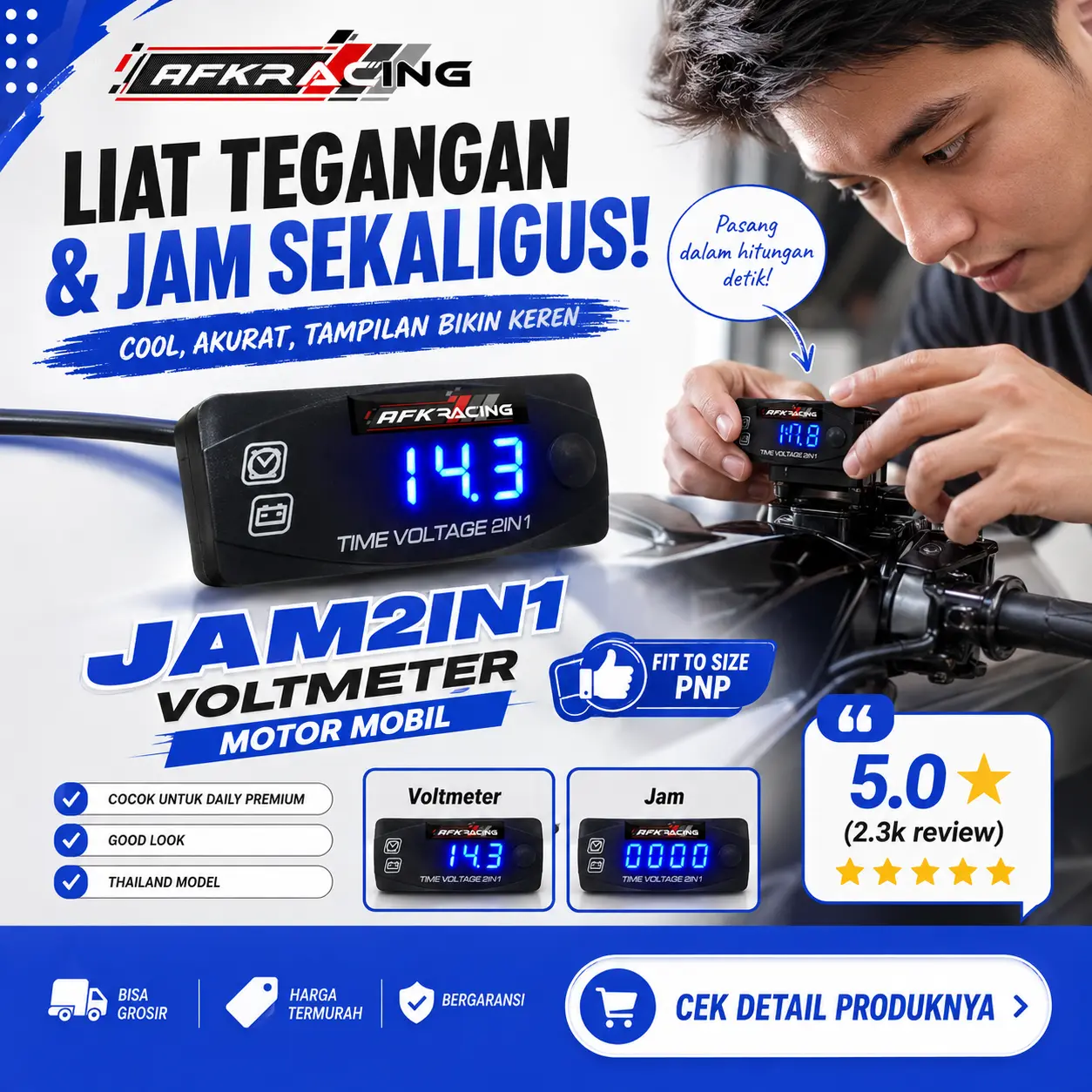 Jam Digital Buat Di Motor Dan Mobil multi fungsi Jam Digital dan Voltmeter 2 in 1 import universal