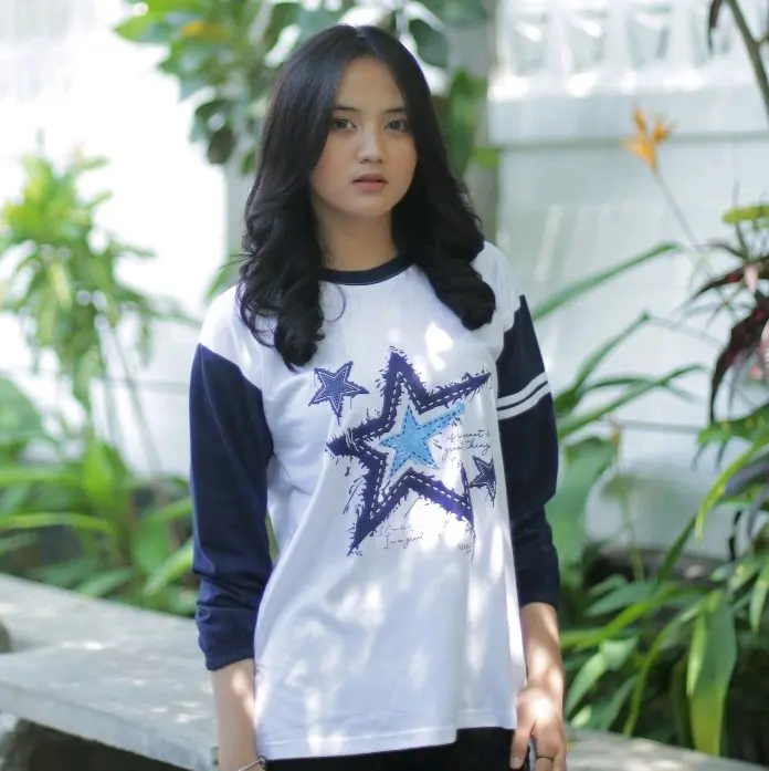 Baju Kaos Atasan Lengan Kerut 7/8 Bahan Katun Combed Tebal Lembut Nyaman Dipakai | Xhafana Star Oversized Dewasa | Navy Putih 3