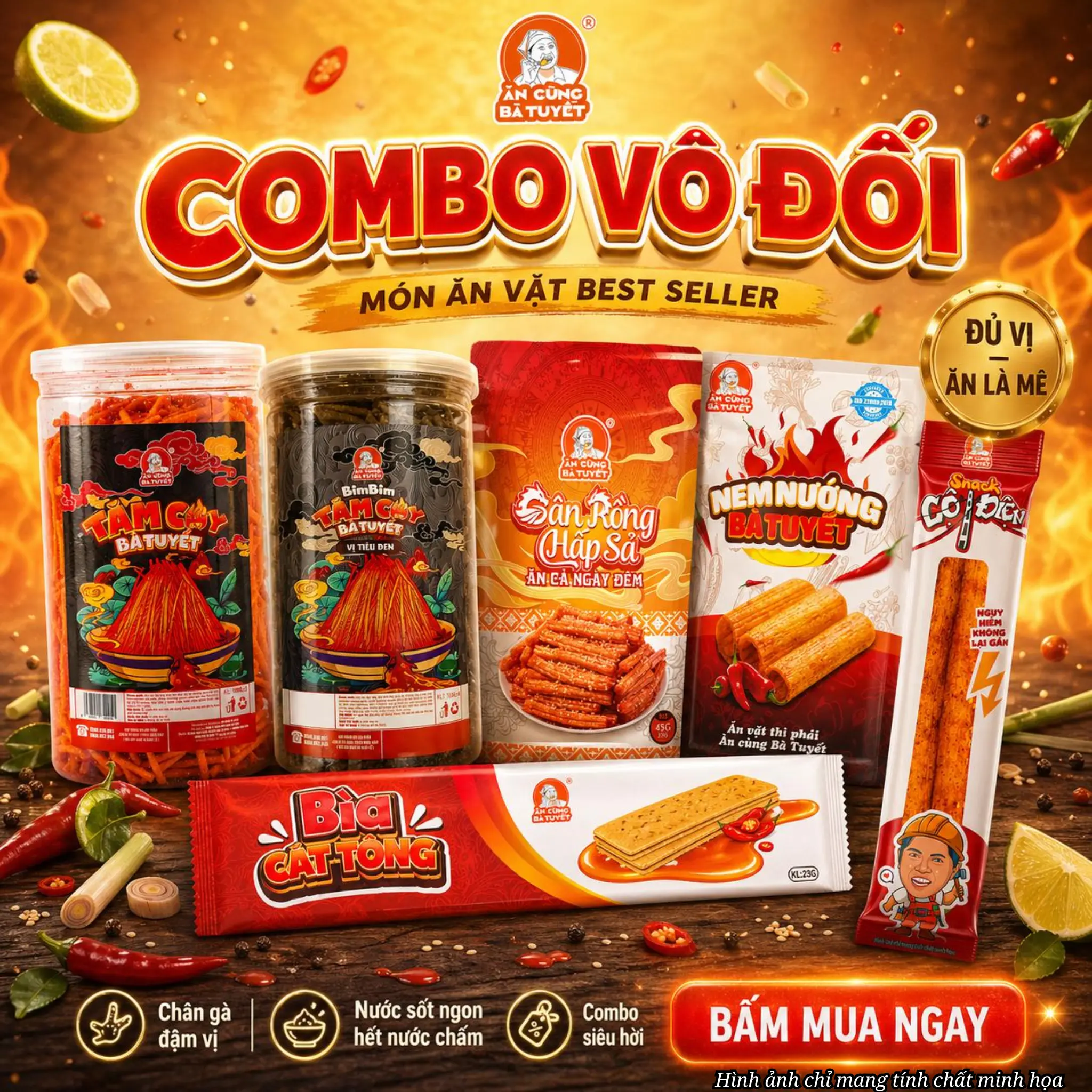 (KOL)Combo VÔ ĐỐI gồm: 2 hũ snack tăm cay tiêu đen và tăm cay đỏ + 6 nem + 3 cột điện + 3 bìa cát tông + 1 gân rồng  - ĂN CÙNG BÀ TUYẾT M89