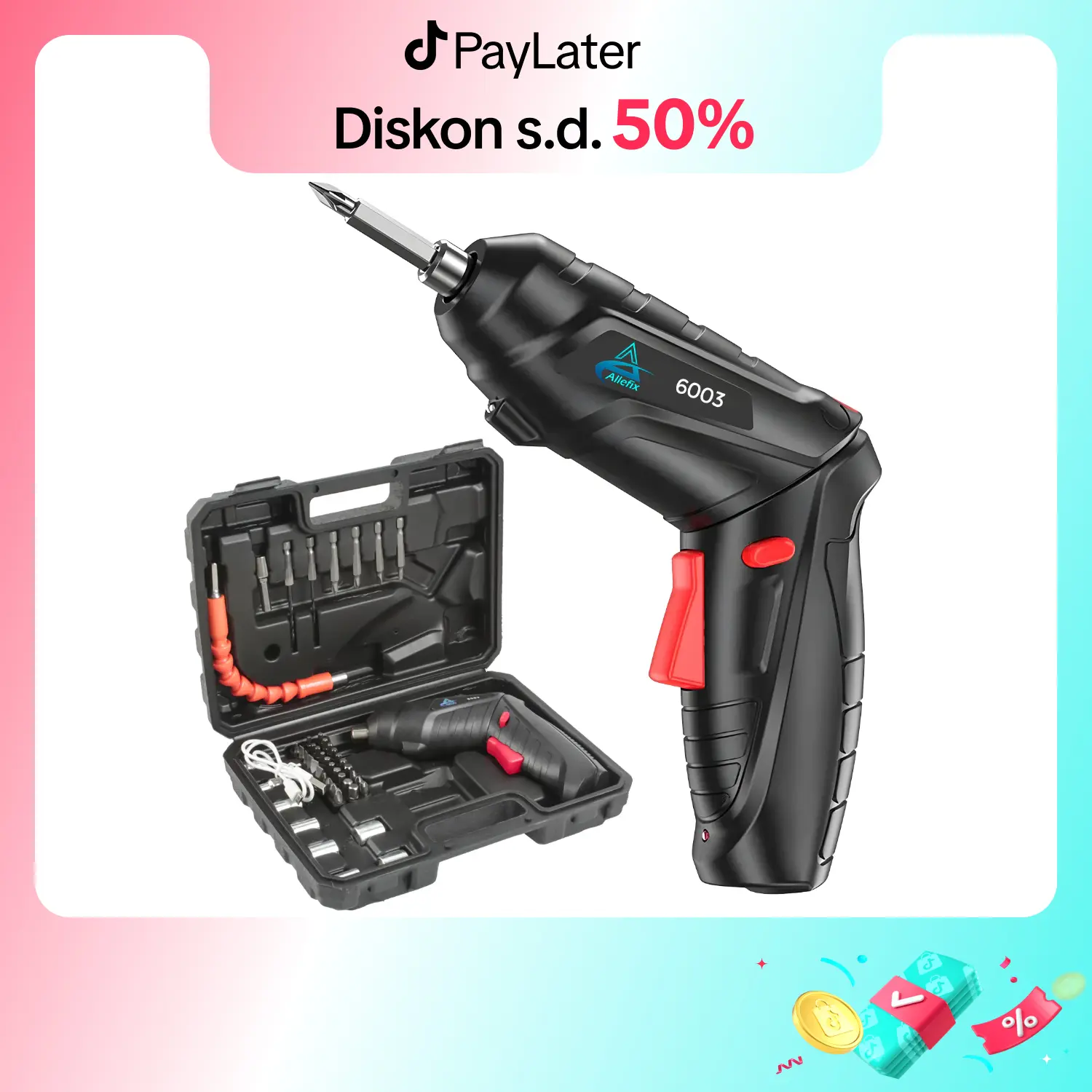 ALLEFIX Set Bor Tangan Bolak Balik Screwdriver 4,2 Volt Tanpa Kabel 45 Pcs Mata Obeng Lengkap Free Usb - 6003