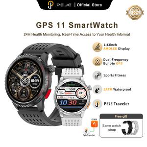 Jam Tangan Pintar GPS, PEJE G11, Paparan AMOLED 1.43-inci, Kalis Air 3ATM, Kompas, Ketinggian & Tekanan Barometrik, Mod Pelbagai Sukan, Mesej Tolak, Panggilan Telefon, Jam tangan pintar