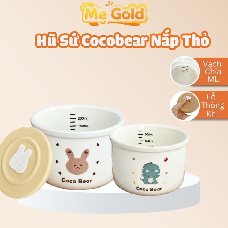  Hũ sứ ăn dặm cho bé Cocobear kèm nắp đậy silicon Thố sứ ăn dặm cho bé Cocobear có vạch chia ml 200ml chịu nhiệt cao cốc  nấu Kem 