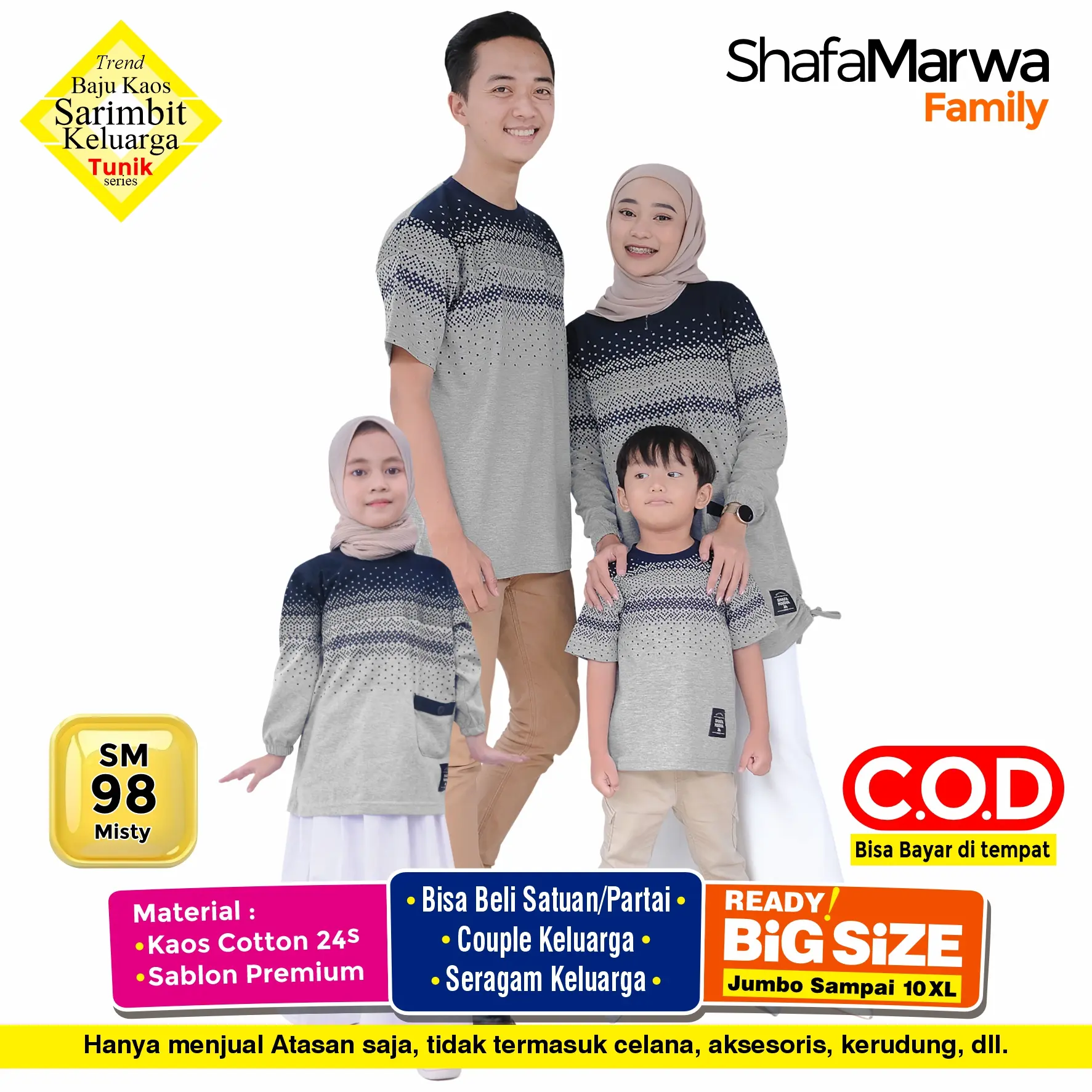 Shafamarwa Kaos Lebaran set Couple Keluarga Baju Atasan Tunik Sarimbit Family Ayah Ibu Wanita dan Anak Cowok Cewek SM98 Misty Pasangan Muslim Dewasa Katun