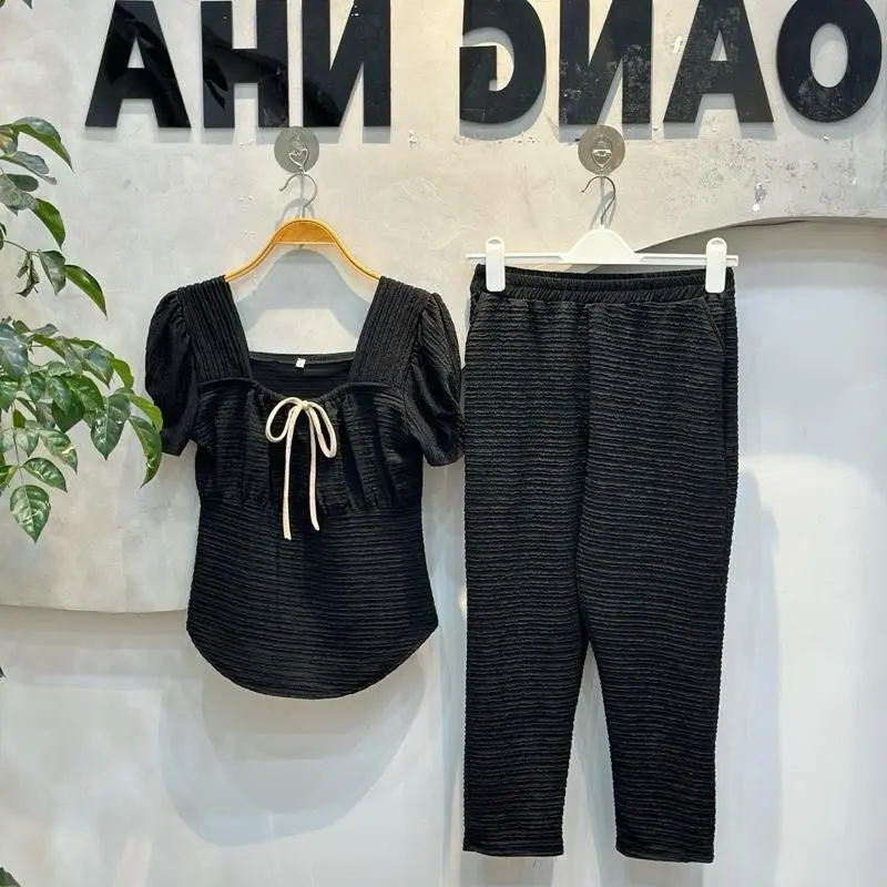 {MÃ B1 ĐEN }BỘ XỐP NHẬT CỔ VUÔNG tay phồng,đính nơ trước, quần 9 tấc ống túm bigsize 45-76kg