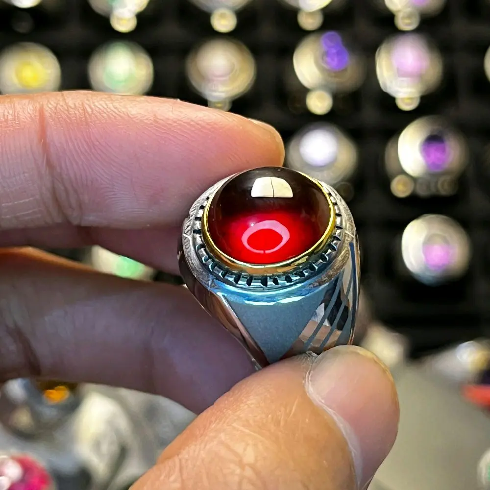 Cincin Garnet Merah Alami Monel Doff Elegan untuk Pria
