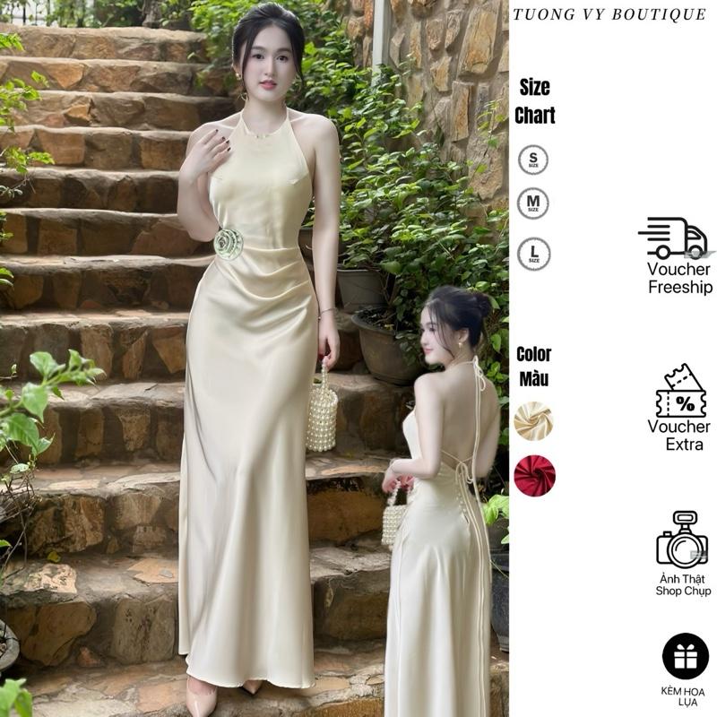 ( NÚT CÀI SAU + HOA) Váy Xinh Cổ Yếm Hở Lưng Dáng Dài KHÔNG MÚT Chất Lụa Mịn Dây Cột Sau Sang Trọng Dành Cho Nữ - SN123